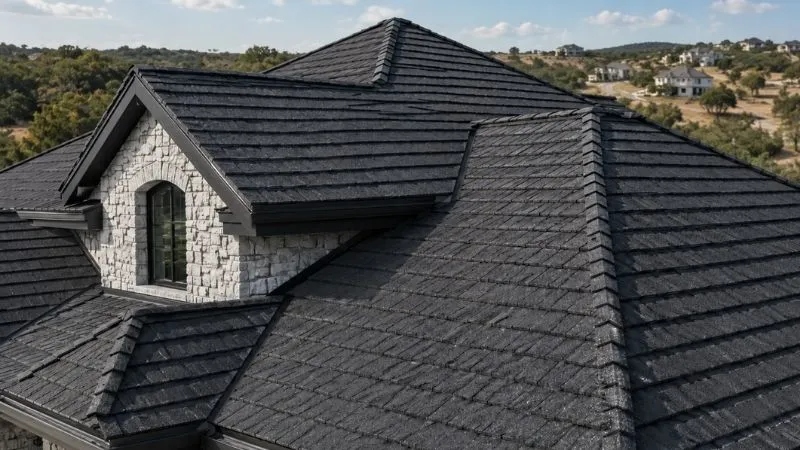 Stone-coated steel roof with a shingle look on a Texas Hill Country home